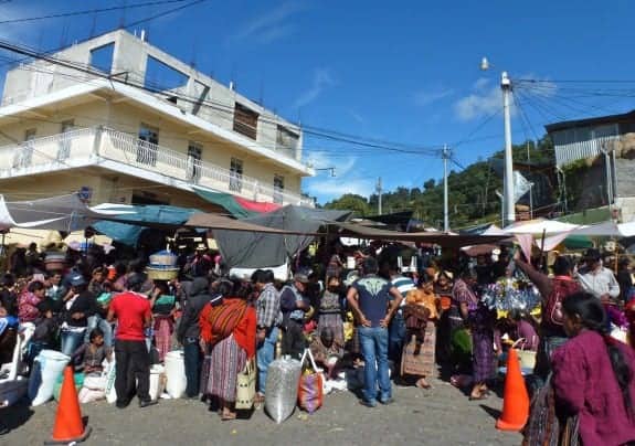 Crowds of people at the market in Solola, Guatemala. 