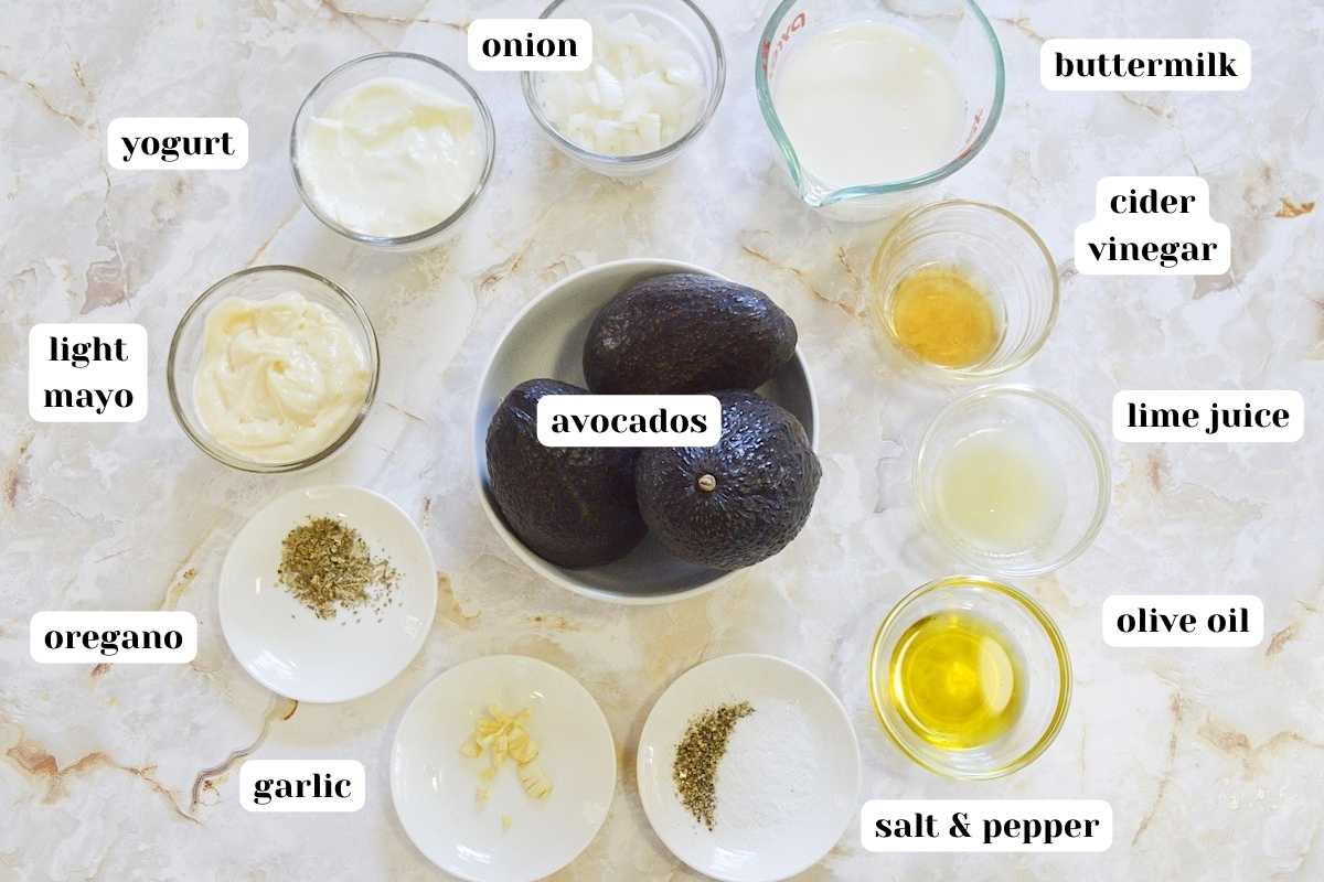 Ingredients for avocado lime dressing include avocado, olive oil, oregano, lime juice, light mayo, plain yogurt and buttermilk.