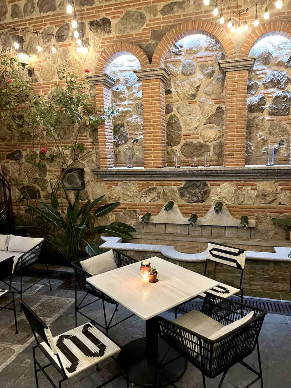 Breakfast area at Mestizo Antigua in the evening.