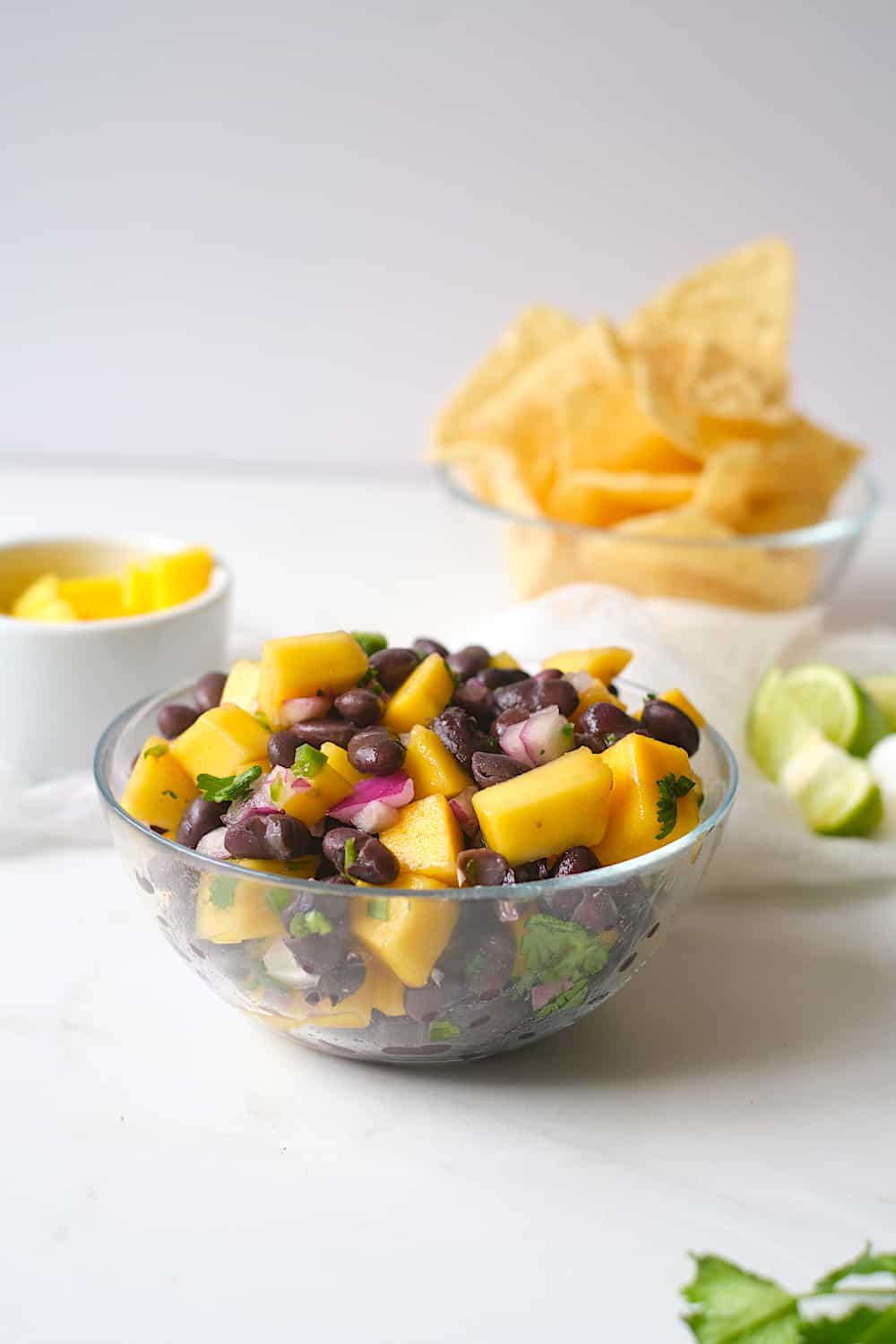 Portrait of Mango Black Bean Salad on a white table.