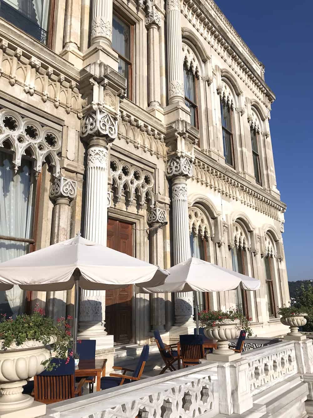 Patio of elegant Tugra Restaurant in Istanbul. 