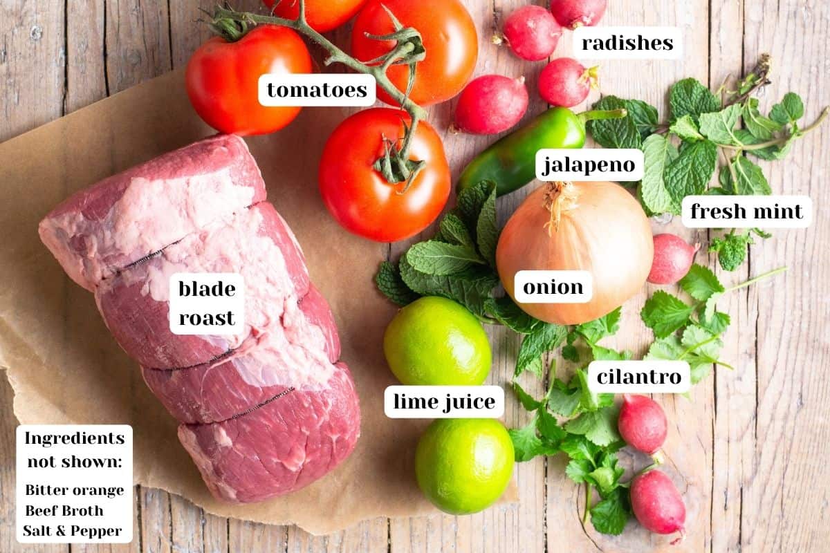 Ingredients for Salpicón de Res on the table with text labels.