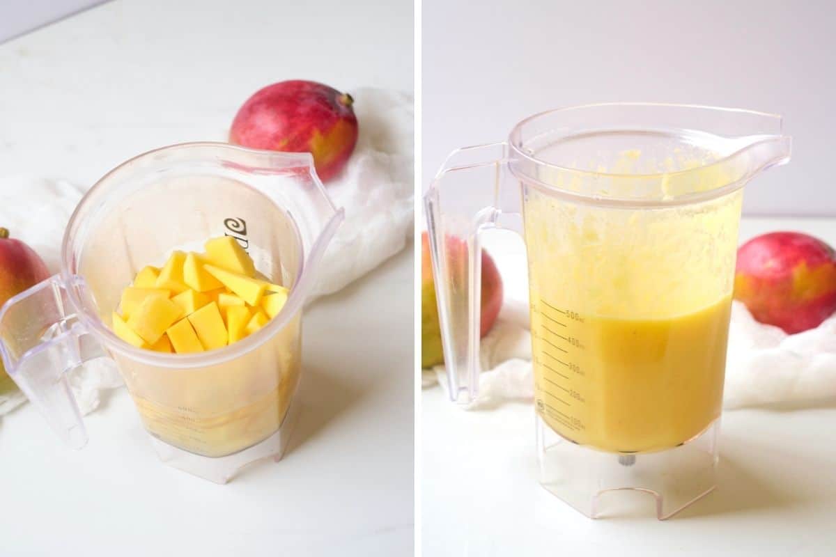 Collage of mangos getting blended.