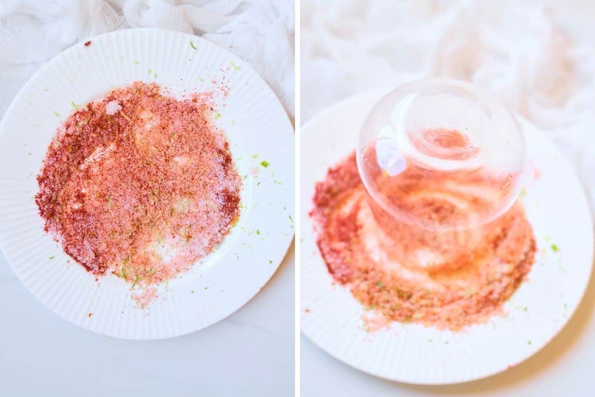collage of chili and lime salt being used to rim a cocktail glass.