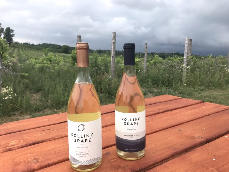 Bottles of white wine at Rolling Grape Vineyard