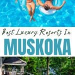 A collage of a couple at a luxury resort swimming pool in Muskoka Ontario.