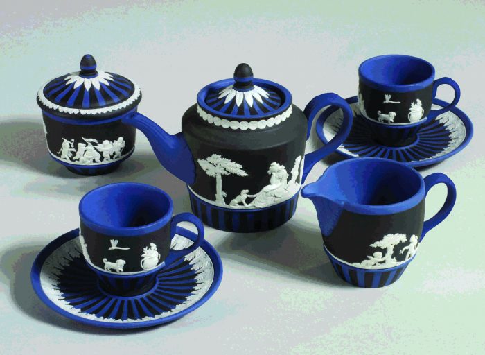A set of deep blue Wedgwood Jasperware.