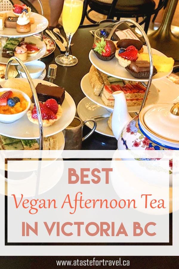 Collage of a vegan afternoon tea at the Empress in Victoria. 
