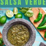 green salsa in a molcajete with text overlay of easy salsa verde
