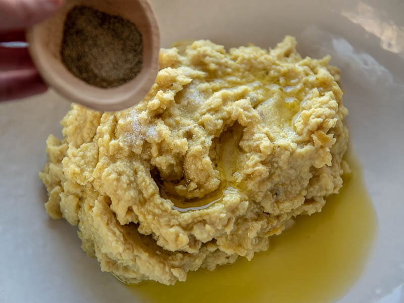 Italian fava bean puree with salt and pepper drizzled with olive oil.
