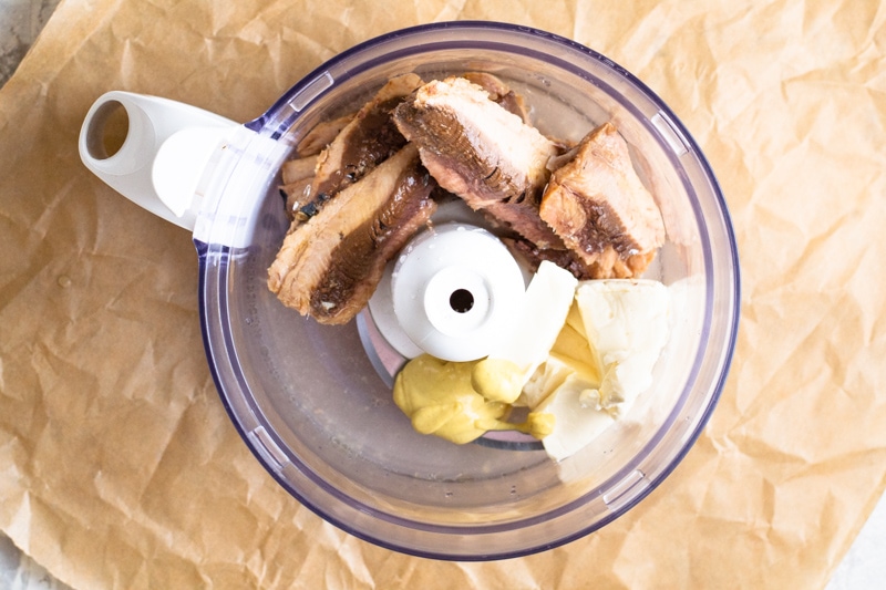 Processing ingredients for this sardine pate in a food processor. 