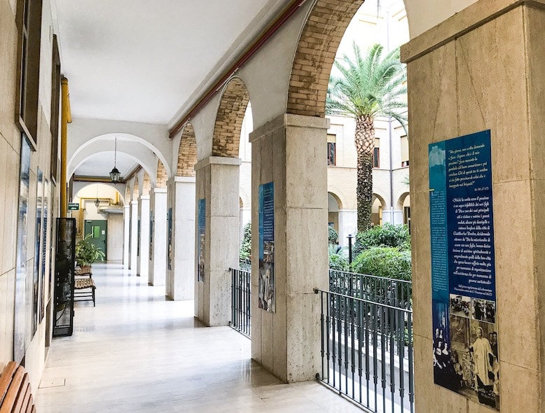 Hallway and courtyard of Casa Maria Immacolata convent near the Vatican in Rome.