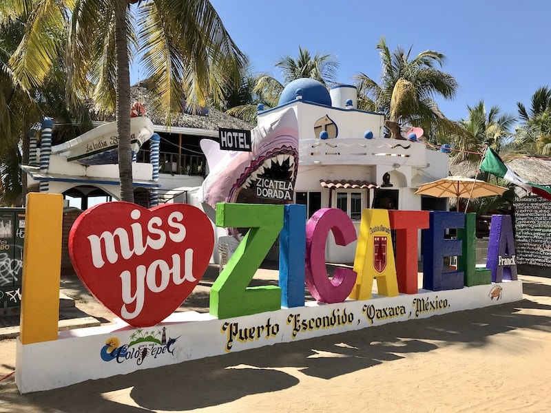 Sign for Zicatela Beach, one of the most popular beaches in Puerto Escondido.