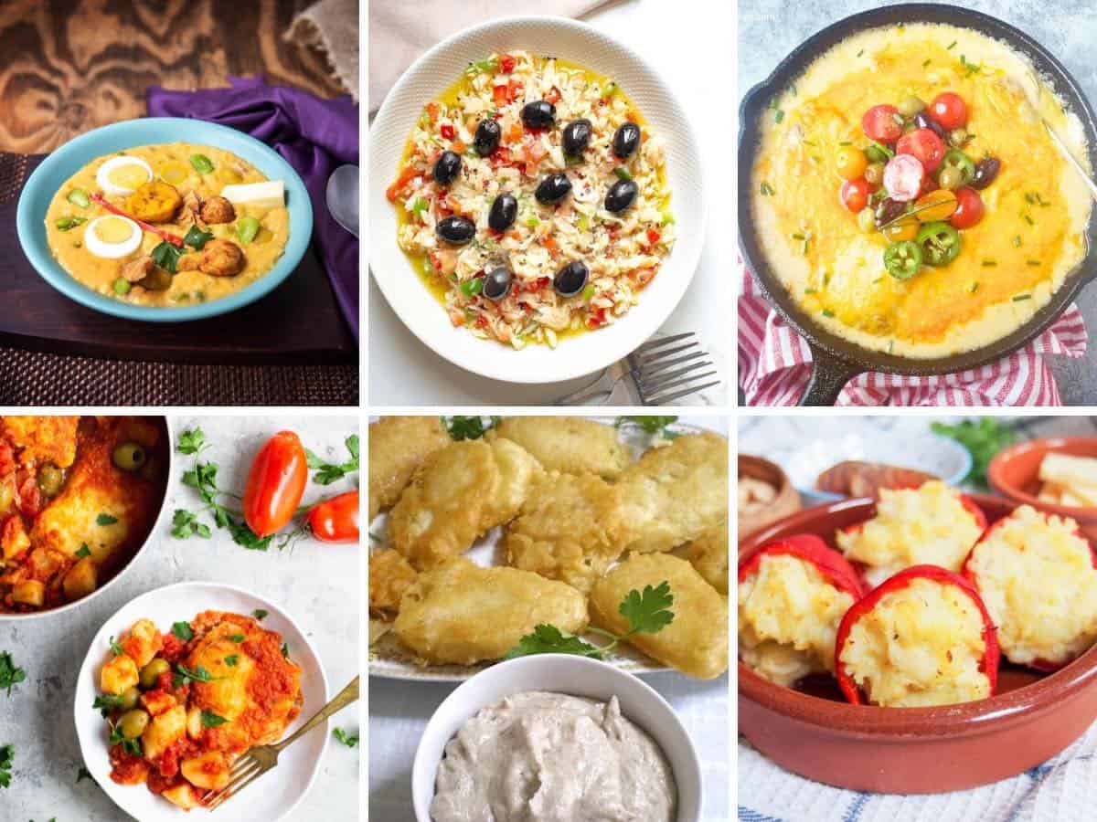 A collage of six dishes for recipes that can be made with salted cod.