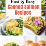 Collage of six tinned salmon recipes.