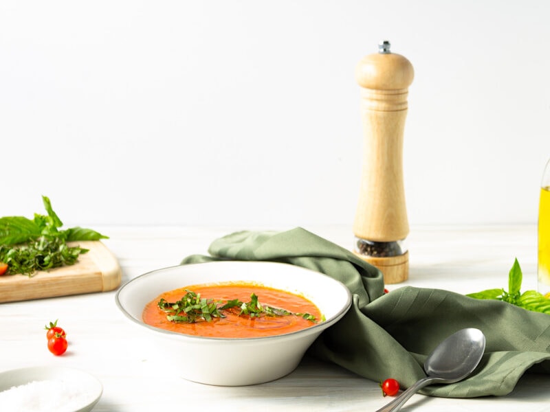 Spanish Gazpacho in a white bowl on a table