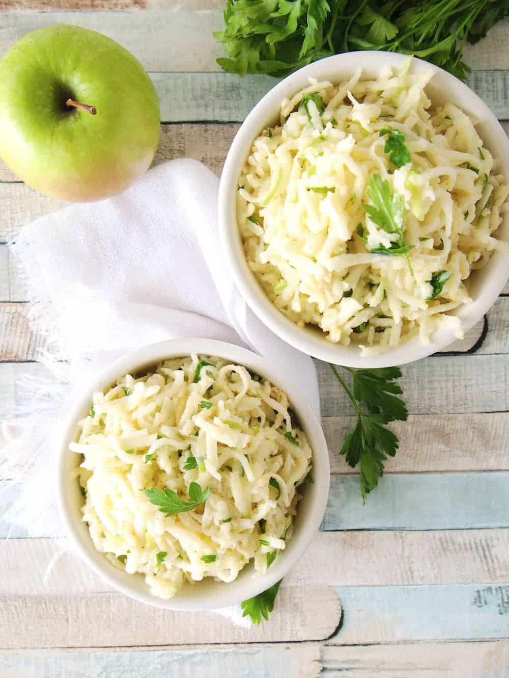 Overhead shot of creamy apple jicama coleslaw