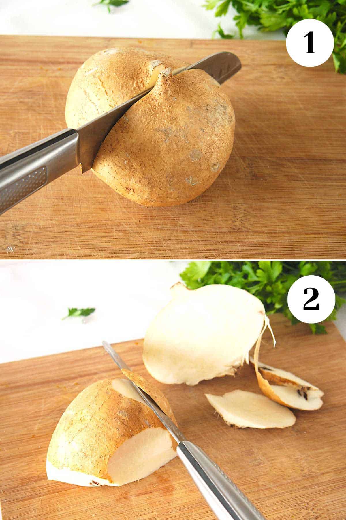 A collage showing cutting and peeling the jicama.