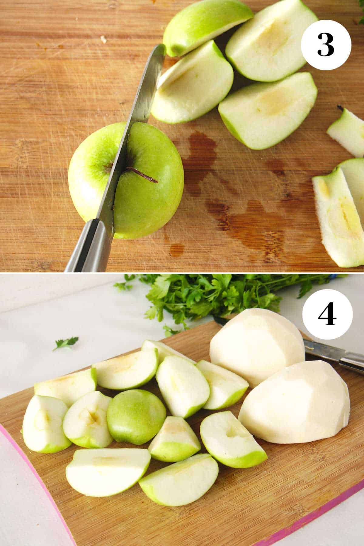 A collage to show cutting the apples and the apples and jicama after cutting.
