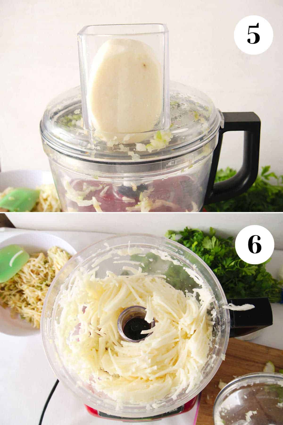 Setting up the food processor to grate and the grated jicama in the bowl.