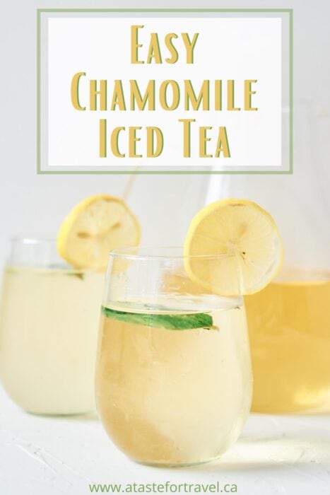 Three glasses of cold chamomile tea garnished with lemon