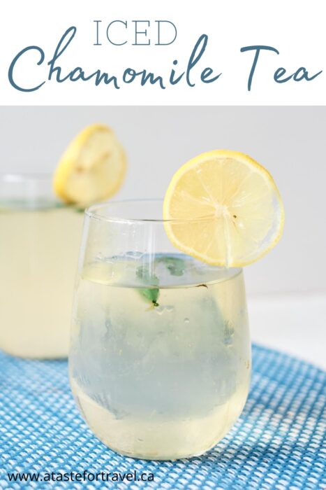 two glasses of iced chamomile tea on a blue tablemat 