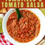 Overhead shot of freezer salsa in a white bowl with text overlap Tomatillo and Tomato Salsa