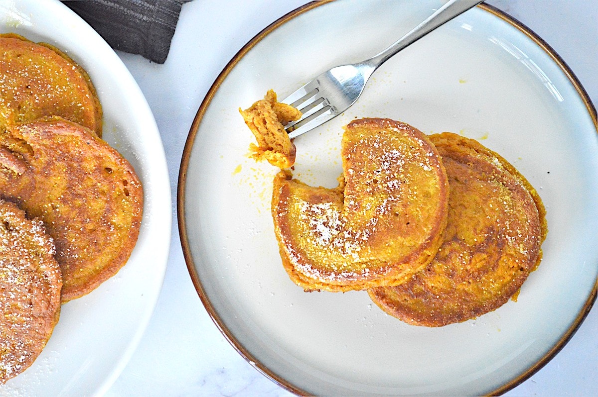 Pumpkin Pancakes with fork.