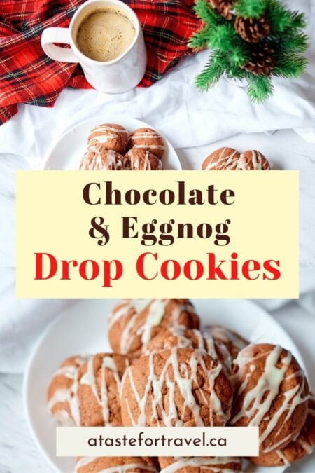 Eggnog cookies on a plate with text overlay for Pinterest. h