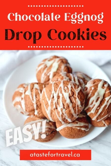 Iced chocolate drop cookies with text overlap for Pinterest.