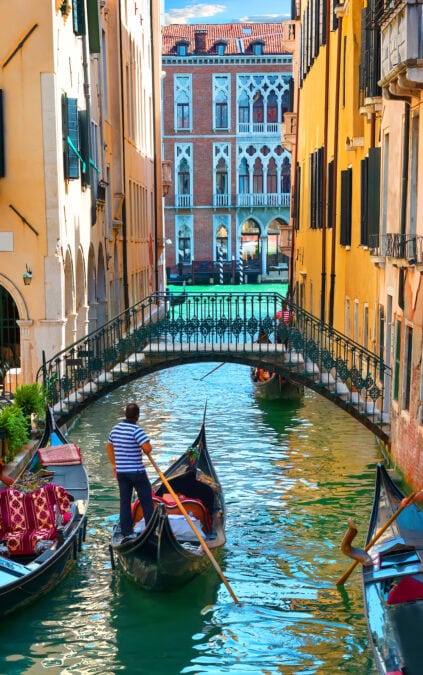 View of a gondola on a canal in Venice.