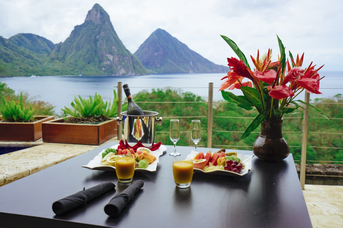Fine dining with a view of piton mountain and sea in Saint Lucia. Credit Saint Lucia Tourism Authority 