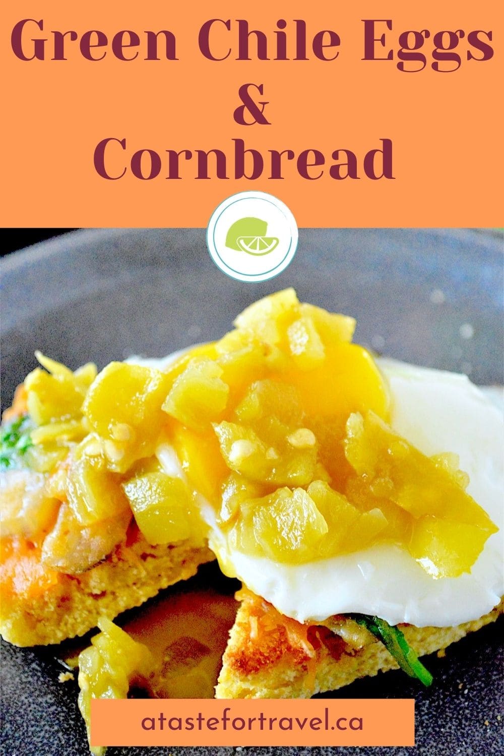 Egg topped with green chiles on cornbread with Pinterest text overlay.