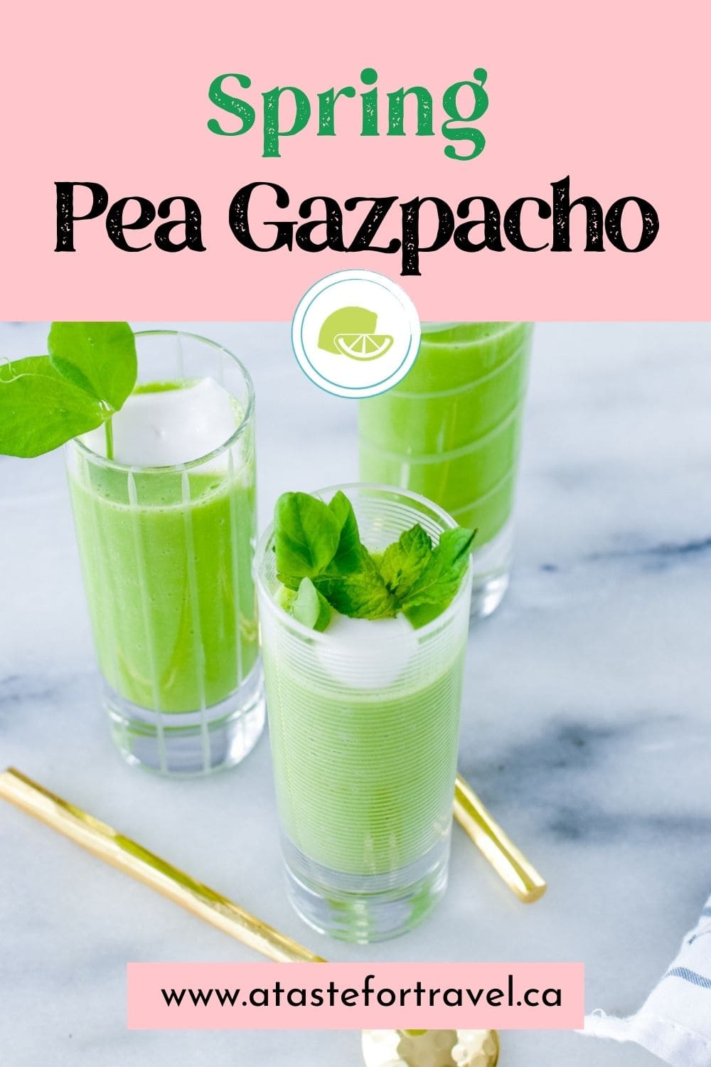 Cold Pea Soup appetizers served in shot glasses. 