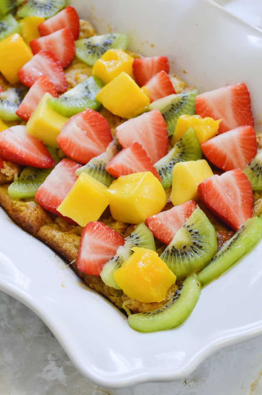 Fruit topping on baked Bocado de Reina, a Guatemalan dessert.