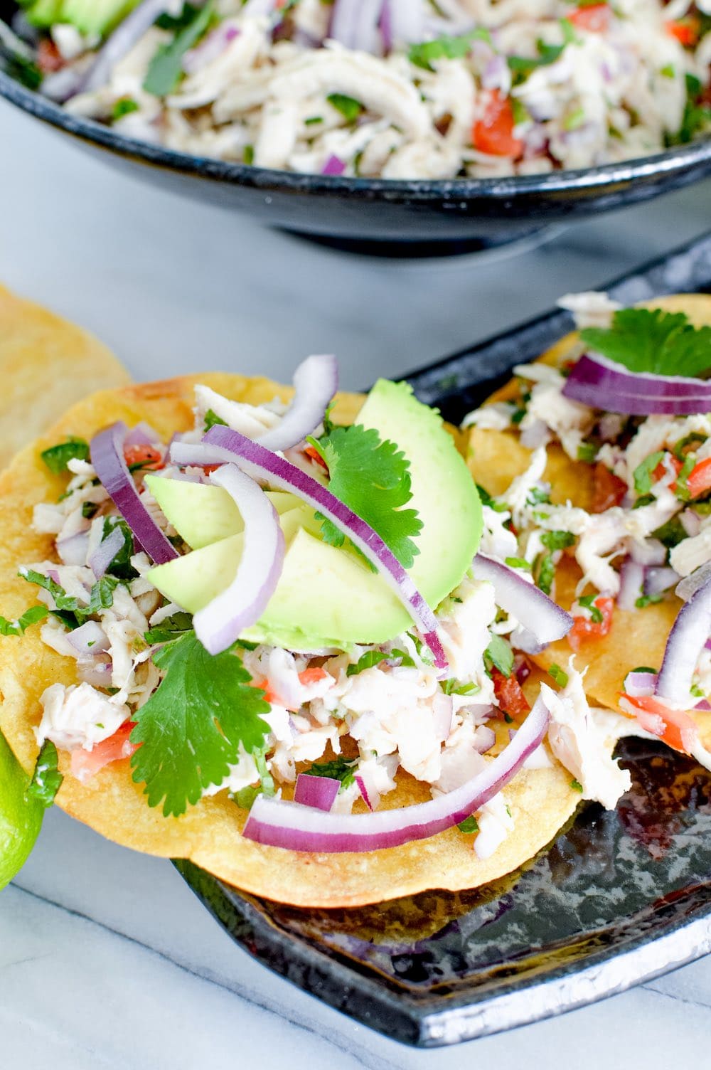 Salpicon de pollo Mexicana on a tostada.