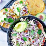 Salpicon de Pollo in a bowl and on tostadas.