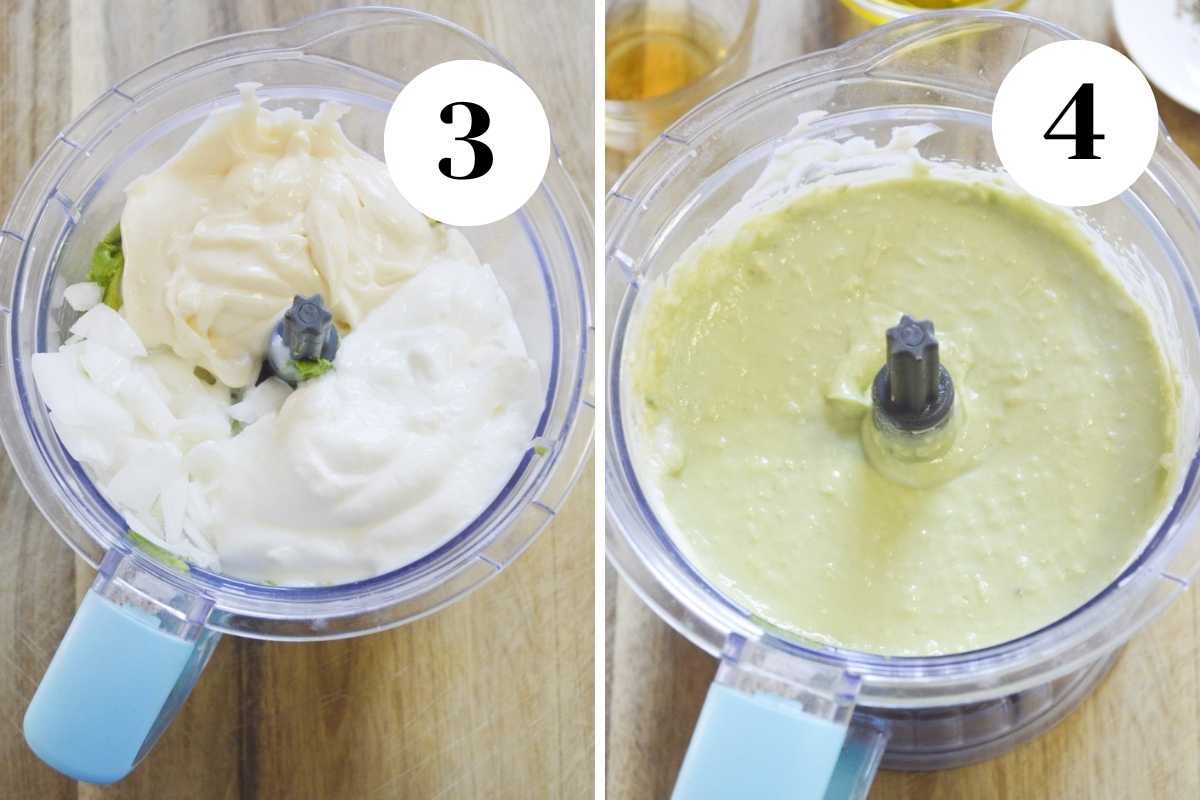Collage of ingredients in food processor and blended.
