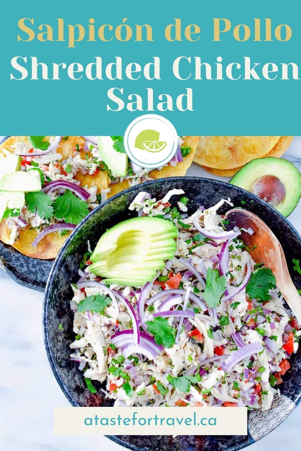 Mexican chicken salpicon in a bowl with text overlay for Pinterest.