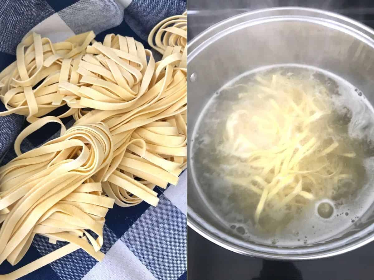 Collage of dried fettuccine and pot of water.