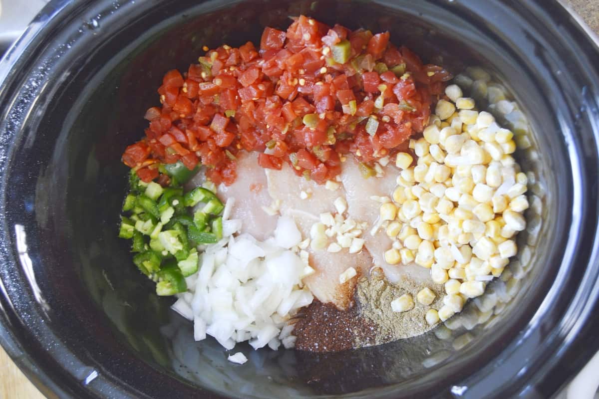 Ingredients for soup in a crock pot.