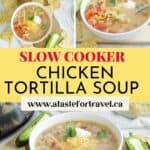 Collage of three bowls of chicken tortilla soup in white bowls.