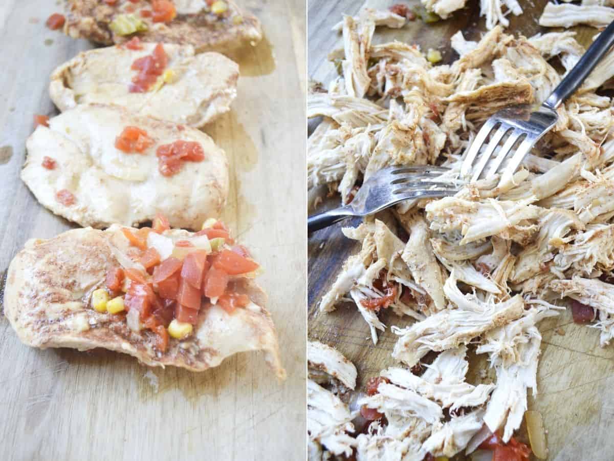 Shred the cooked chicken with forks.