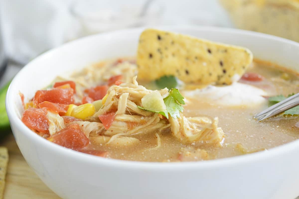 Close-up of a white bowl of chicken tortilla soup with a spoon.