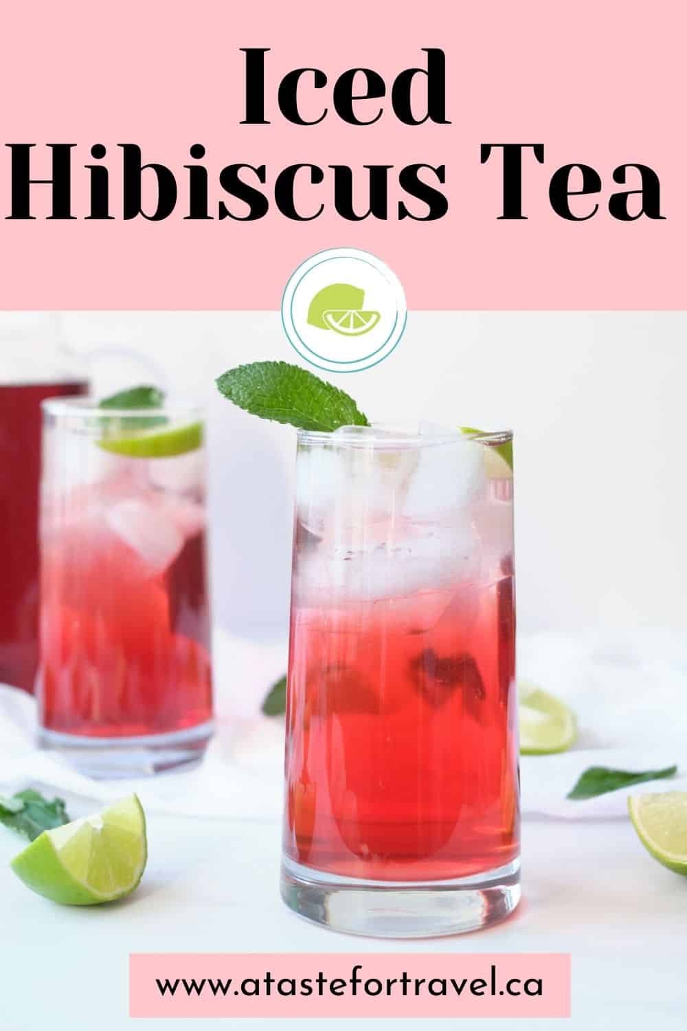 Two glasses of cold brew hibiscus tea on ice with Pinterest text overlay.