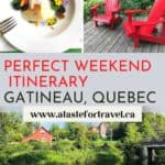 Collage of food, lounge chair and river in Gatineau Quebec for Pinterest.