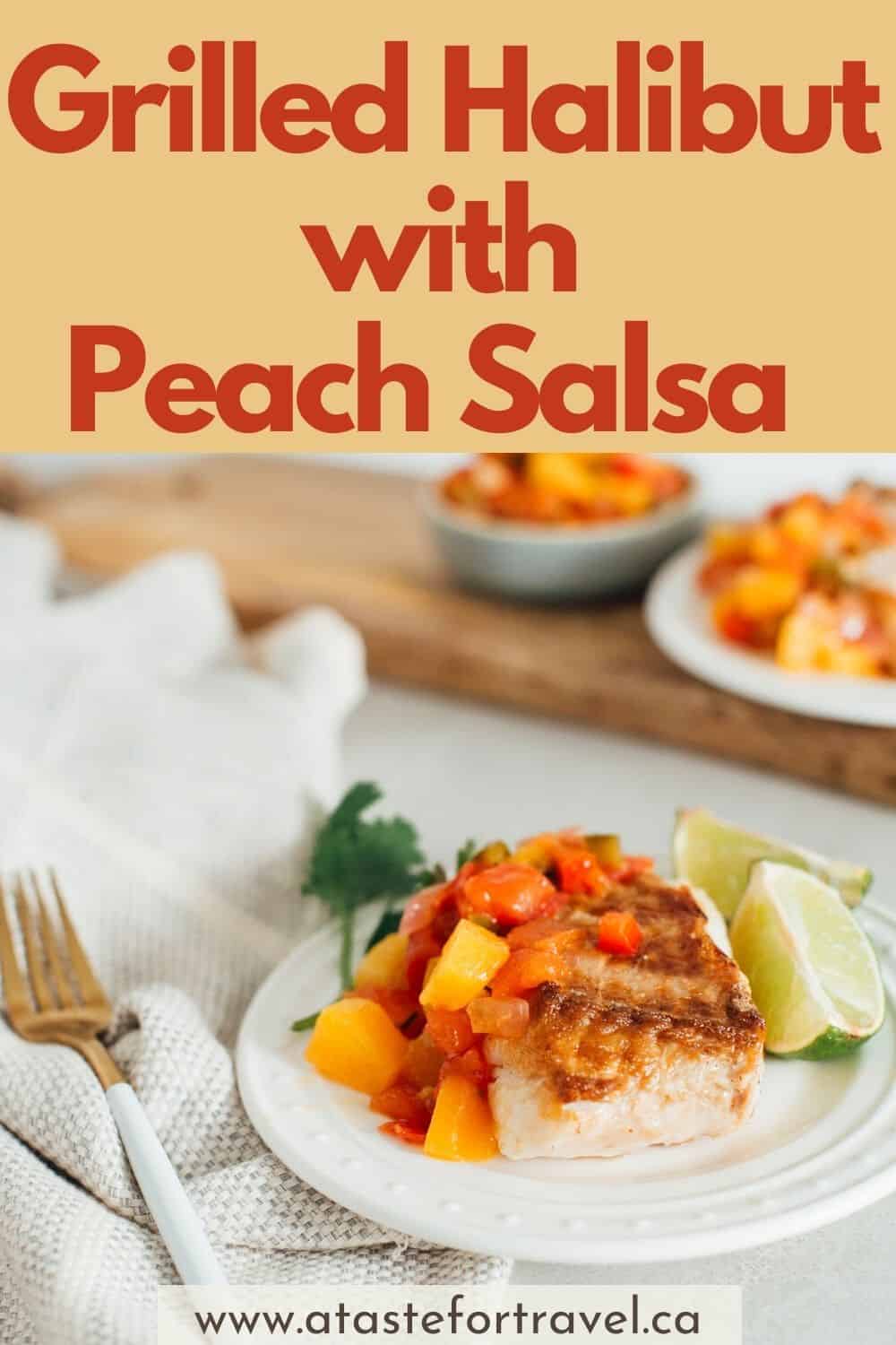 Halibut on a white plate with Pinterest text overlay.