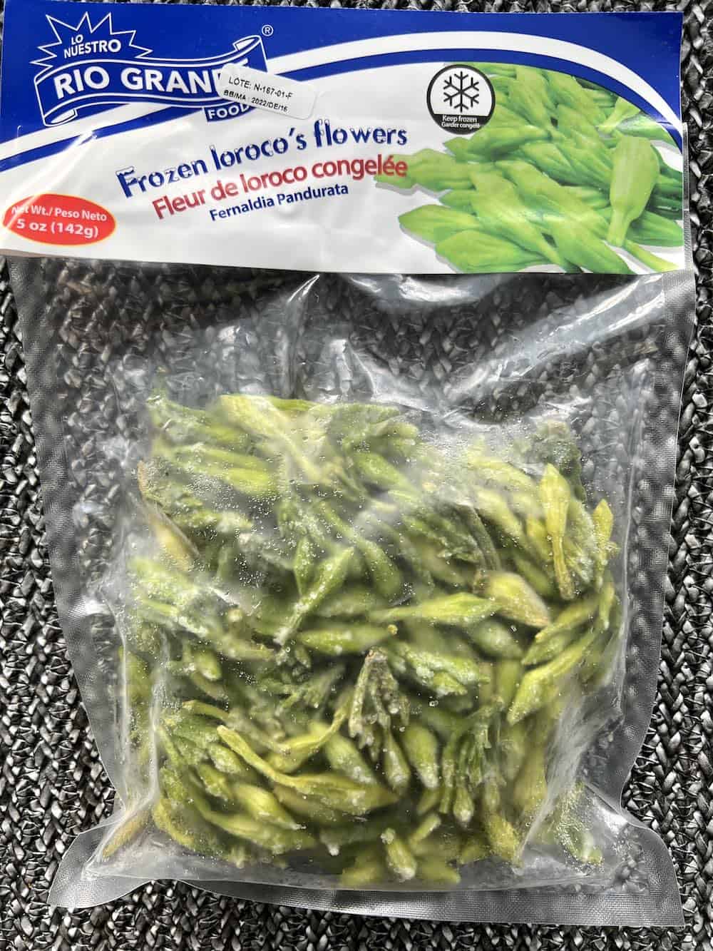 A plastic bag of frozen loroco.