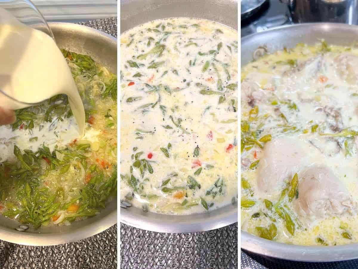Collage of making cream sauce for pollo en crema con loroco. m