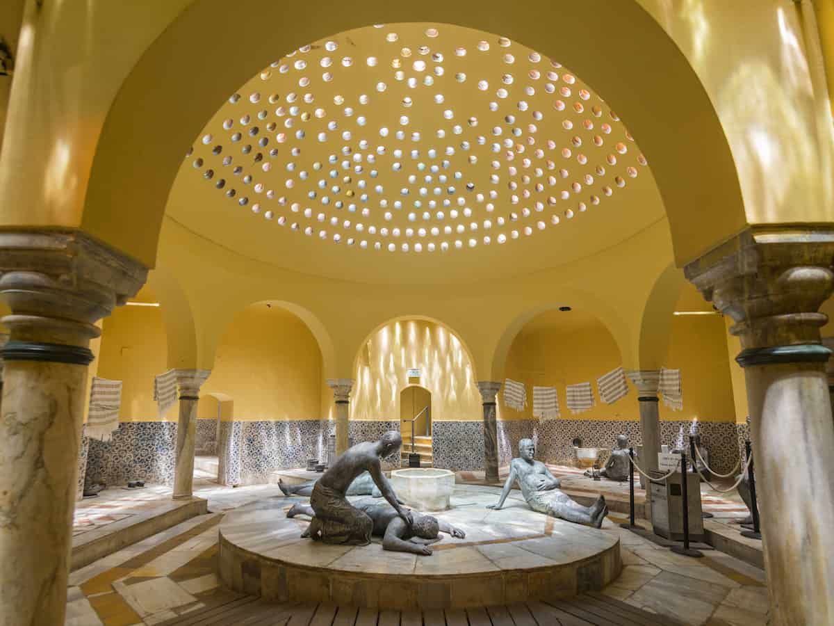 Akko old city the Turkish baths refurbished main hall with reconstituted bath scene at Hamam el Basha.